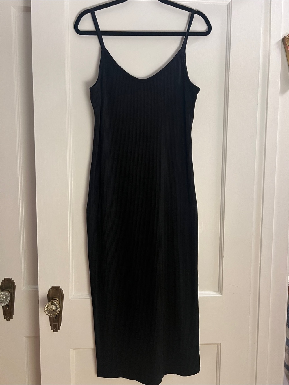 Fabletics Black Ribbed Midi Slip Dress with Spaghetti Straps